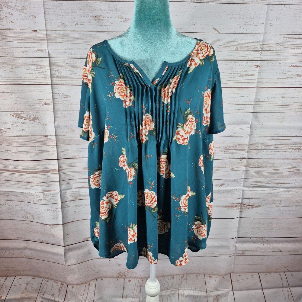 Torrid Teal Green Floral Womens Size 3X Flutter Sleeve Tunic Top Fairy Cottage